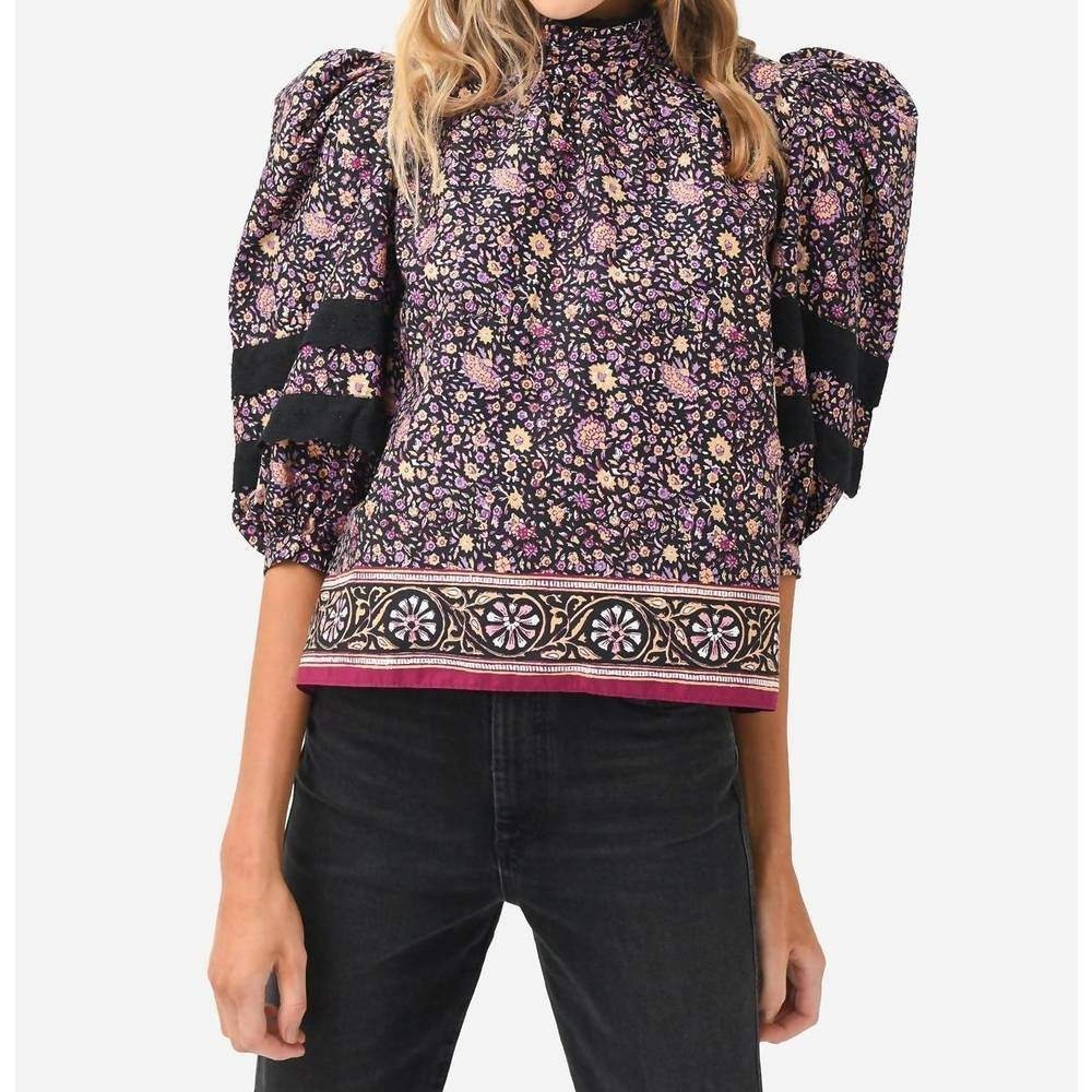 Hunter Bell Molly Midnight Floral Lace Puff Sleeve Mock Neck Top Womens Small